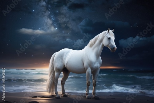 white horse on the beach at night