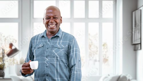 Happy Mature Black Man Drinking Coffee while relaxing at home. Retirement Lifestyle And Leisure Concept