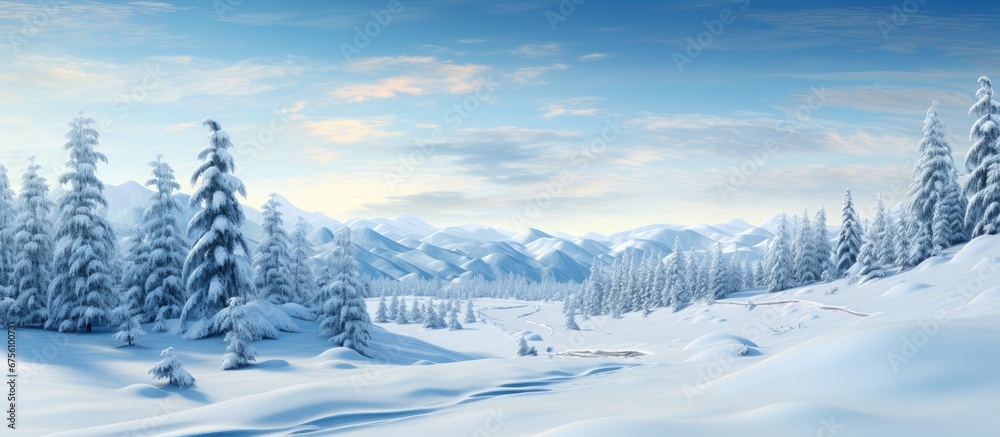 Obraz premium The winter landscape in Europe is a breathtaking sight with its snowy white blankets covering the picturesque countryside while the blue sky and colorful plants add a burst of beauty to the