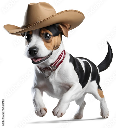Jack Russell Terrier dog wearing a cowboy hat Running on a white background