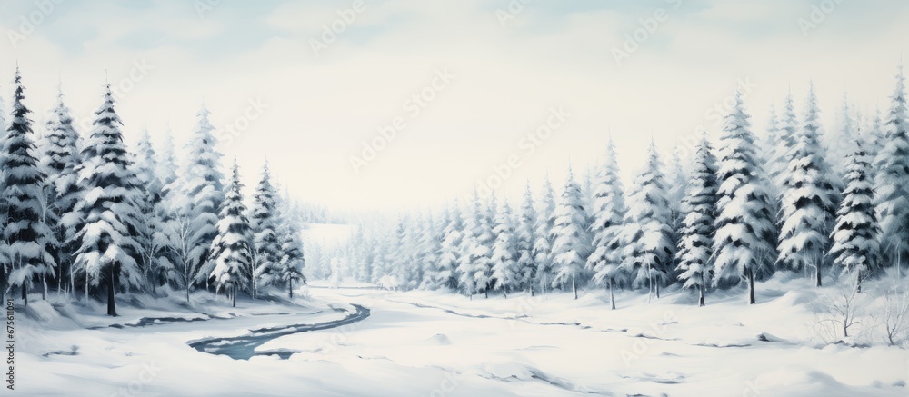 Traveling through the snowy forest I was captivated by the sublime beauty of the natural landscape with towering trees set against a backdrop of a pristine white background reminding me of t Traveling through the snowy forest I was captivated by the sublime beauty of the natural landscape with towering trees set against a backdrop of a pristine white background reminding me of t