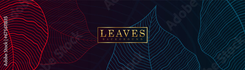 Bright natural background with blue and red plant leaves. Vector exotic pattern with colorful palm leaves in line style.