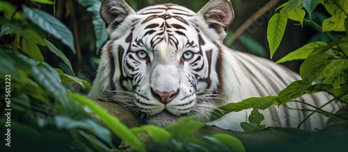 In the beautiful jungle a fierce white tiger with mesmerizing stripes rests against a lush background showcasing its magnificent face in a stunning portrait This majestic feline a true preda © TheWaterMeloonProjec