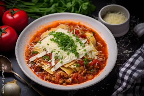 Lasagna with meat and cheese in a bowl