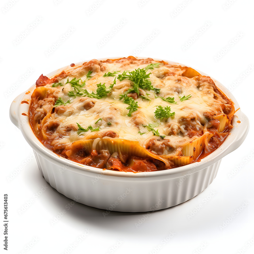 lasagna soup in white ceramic bowl isolated on white, close-up view lasagna soup in white ceramic bowl isolated on white, close-up view