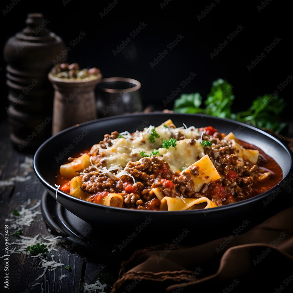hot Lasagna soup in black ceramic bowl hot Lasagna soup in black ceramic bowl