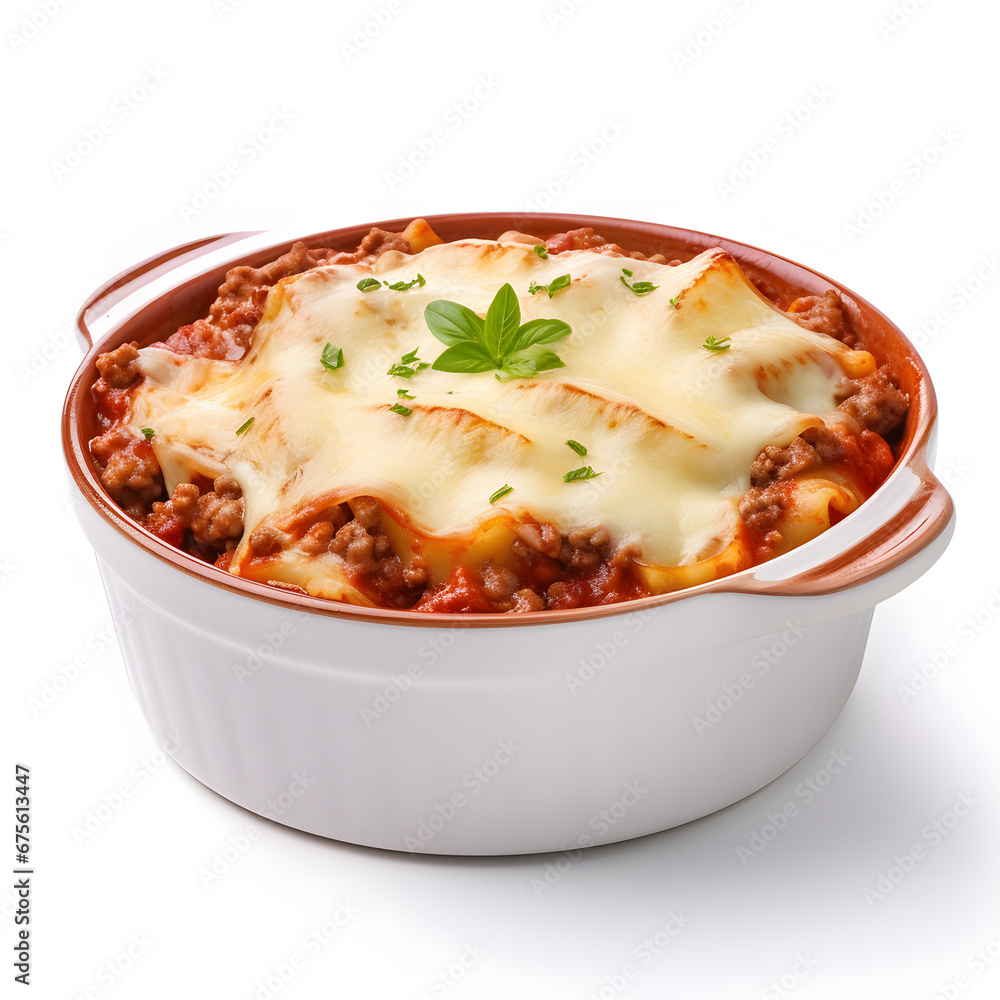lasagna soup in white ceramic bowl isolated on white, close-up view lasagna soup in white ceramic bowl isolated on white, close-up view
