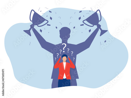 Imposter syndrome.shadow businessman standing for her present profile take award with Anxiety and lack of self confidence at work; the person fakes is someone else concept