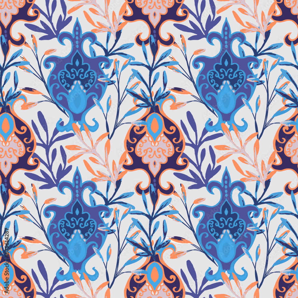 Flower chintz seamless pattern with branches and indian medallion. Botanical batik paisley background. Arabesque floral ornament motif for decoration fabric, women clothing, scarf, wallpaper design. Flower chintz seamless pattern with branches and indian medallion. Botanical batik paisley background. Arabesque floral ornament motif for decoration fabric, women clothing, scarf, wallpaper design.