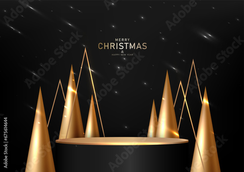 Christmas stage podium concept for product with abstract tree, meteor shower on black background.