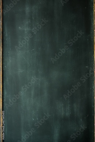 The close up detail and texture of a blank chalkboard horizontal wallpaper and background. Image of green board for writing and drawing with chalks. Generative AI.