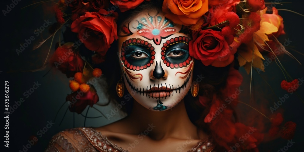 Traditional Dia de los Muertos Woman Portrait. Generative ai