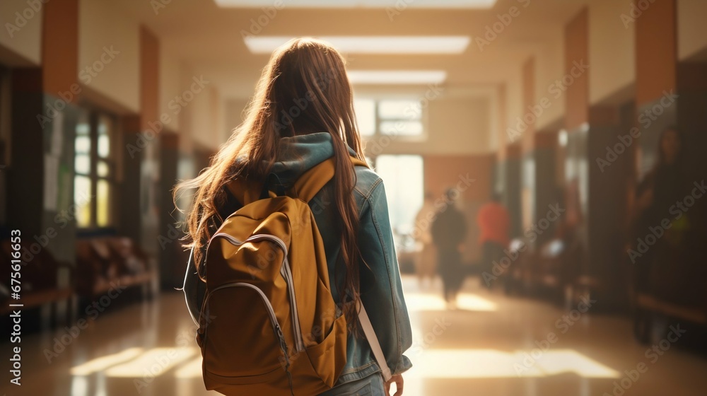 High School Freshman Navigating the Hallways on First Day. Generative ai