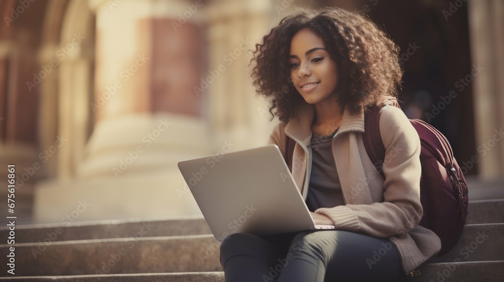 Studious Ambition: Young African American Woman Concentrating on Laptop at University Stairs. Generative ai Studious Ambition: Young African American Woman Concentrating on Laptop at University Stairs. Generative ai
