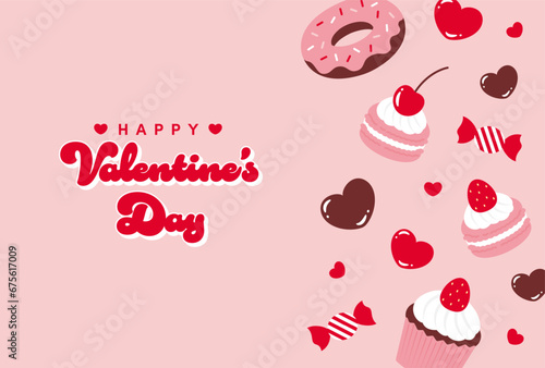 valentine vector background with sweet desserts and hearts for banners, cards, flyers, social media wallpapers, etc.