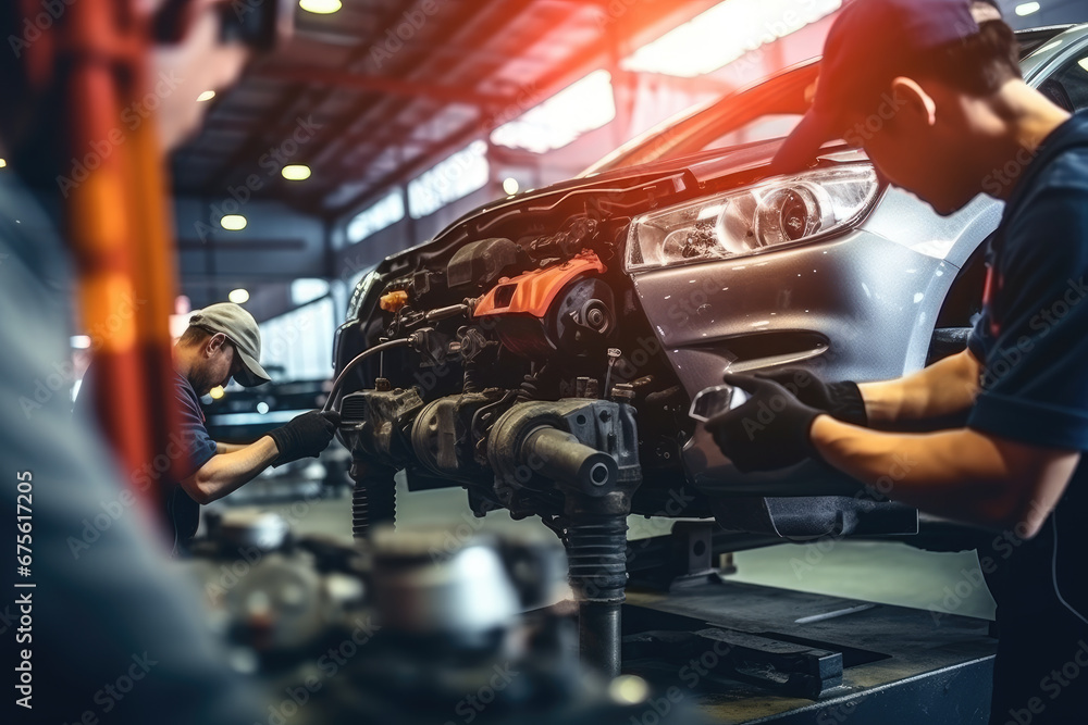 Technician caucasian man checking and repair car engine in garage, automotive and service, mechanic or  labor maintenance and fix part of vehicle, automobile and transportation, industrial concept. - obrazy, fototapety, plakaty 