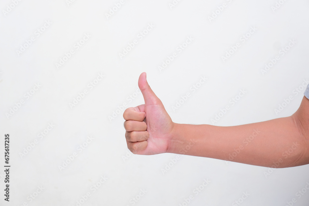 Person hand give thumb up isolated on white background