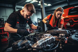Team technician caucasian man and woman checking and repair car engine in garage, automotive and service, mechanic maintenance and fix of vehicle, automobile and transportation, industrial concept.