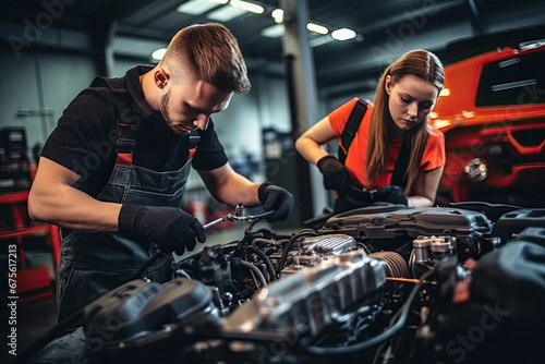 Team technician caucasian man and woman checking and repair car engine in garage, automotive and service, mechanic maintenance and fix of vehicle, automobile and transportation, industrial concept. © Sitti