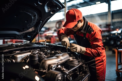 Technician caucasian man checking and repair car engine in garage, automotive and service, mechanic or  labor maintenance and fix part of vehicle, automobile and transportation, industrial concept.