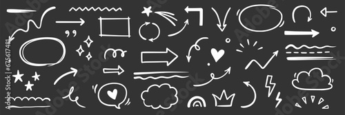 Hand drawn red line star sparkle, emphasis, underline element set on chalkboard. Hand drawn doodle text highlight, underline, arrow red pen stroke style. Vector illustration