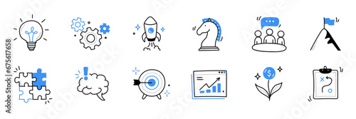 Business idea, startup doodle line icon set. Hand drawn doodle sketch line style business strategy, finance goal, startup idea concept. Rocket, target, brain cute element. Vector illustration