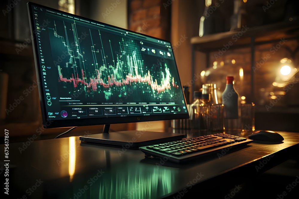 A close-up of a computer monitor exhibiting a live stock market chart, generative AI