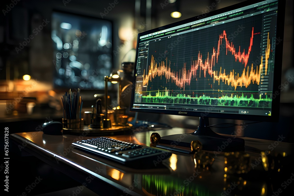 A close-up of a computer monitor exhibiting a live stock market chart, generative AI