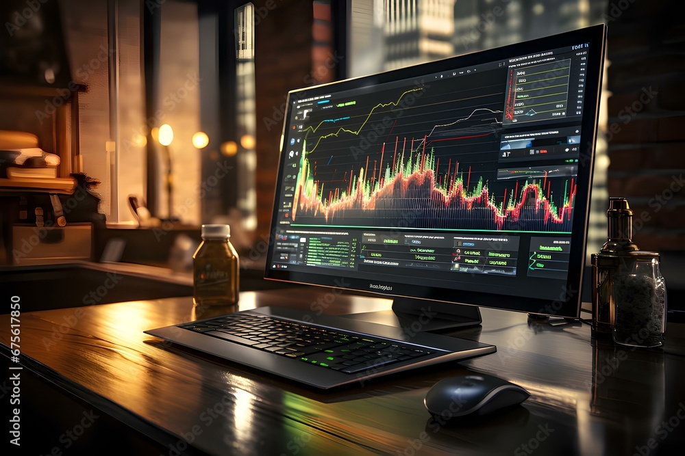 A close-up of a computer monitor exhibiting a live stock market chart, generative AI A close-up of a computer monitor exhibiting a live stock market chart, generative AI