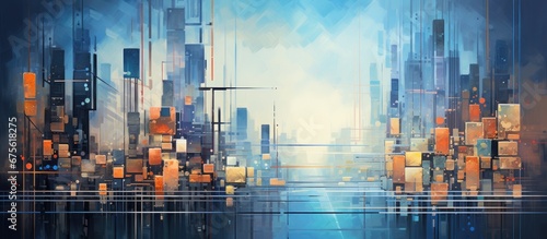 The abstract painting depicted a futuristic cityscape where technology and data communication seamlessly integrated reflecting the concept of information technology and the symmetrical bala photo