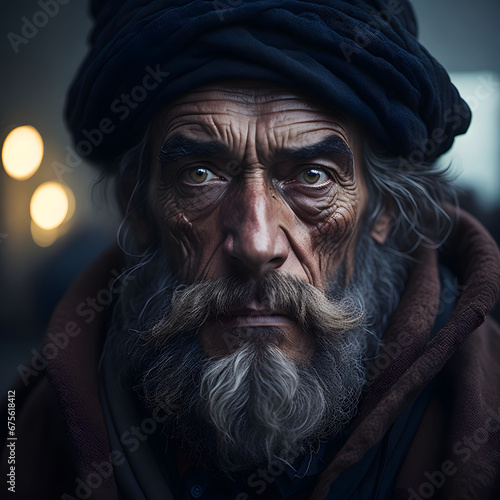 A captivating portrayal of a homeless gentleman, his detailed face captured in foggy ambiance, combining photojournalism and neo-expressionist artistry.