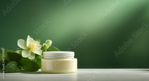 Cream bottle on podium on  blur green background presentation concept pommercial mock up