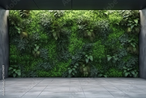 Concrete architecture, vertical garden wall, green plants decoration. 3D illustration, rendering. generative ai.