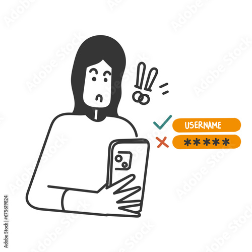 hand drawn doodle entering wrong password on mobile illustration vector