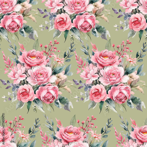 pattern, bouquet of delicate roses, with green leaves.
