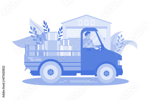 Delivery Man Deliver Multiple Packages On The Delivery Cart Illustration concept on white background
