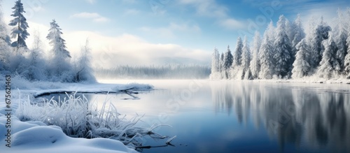 In the winter the icy lake showcased a breathtaking landscape with its white blanket of snow frozen beauty glistening under the winter sun and nature at its finest creating a serene outdoor 