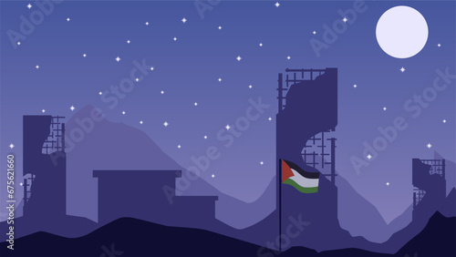 Palestine landscape vector illustration. Silhouette of destroyed city at night with palestine flag. Landscape illustration of palestine for background or wallpaper	