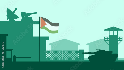 Palestine military base landscape vector illustration. Silhouette of palestine military base with watchtower and tank. Military illustration for background, wallpaper, issue and conflict