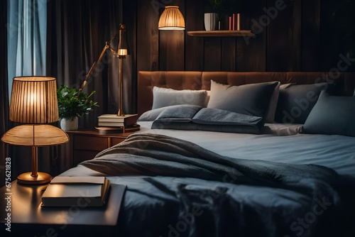 Cozy bedroom interior with book and reading lamp on bedside table 