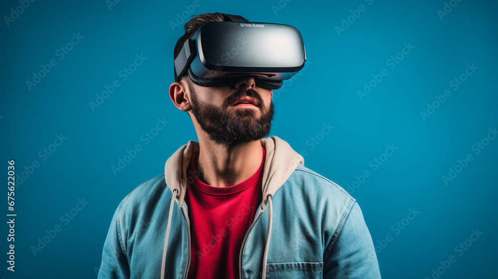 A man wearing VR while playing a game. Generated AI. A man wearing VR while playing a game. Generated AI.