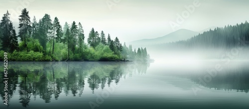 The abstract background captures the beauty of nature with its lush green forests and serene lakes