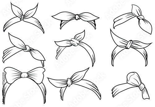 Set of bandana bow headband line art vector. Black and white bandana clipart photo