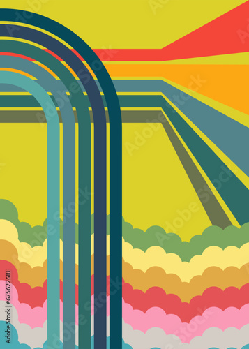 Simple retro 70s lines background. Groovy abstract 1970s art template. Buzy Vintage design poster. Old-fashioned rainbow color artwork.