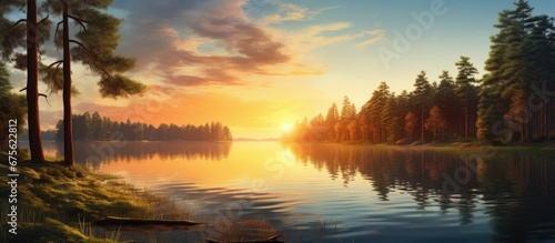 The beautiful sunrise painted the sky above the serene lake casting a golden glow upon the lush green landscape of the forest where the majestic trees stood tall and proud creating a harmoni
