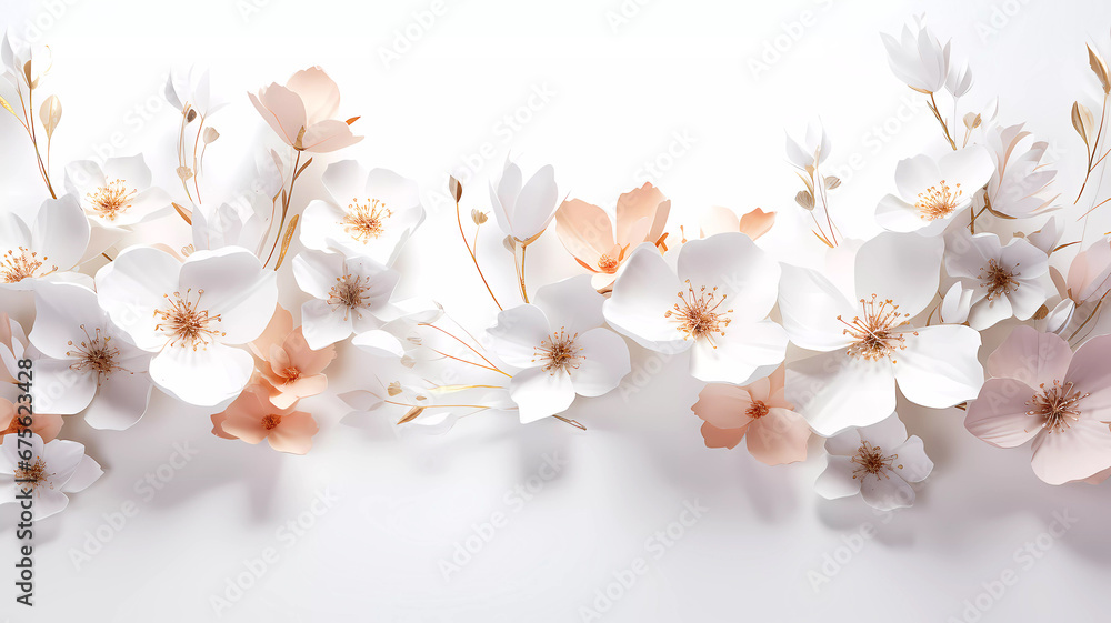 Sakura flowers on a white background. Background. Wallpaper. Banner. Generated AI. Photoshop improved - obrazy, fototapety, plakaty 