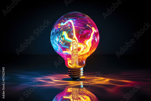 Witness the impact of imagination as a vivid lightbulb shines brightly in a sea of darkness, sparking ideas and dreams. AI Generative insight.