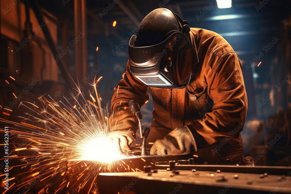 Crafting precision Handymen perform welding and grinding, sparks illuminating their workshop. AI Generative magic captures their skilled metalwork. Crafting precision Handymen perform welding and grinding, sparks illuminating their workshop. AI Generative magic captures their skilled metalwork.