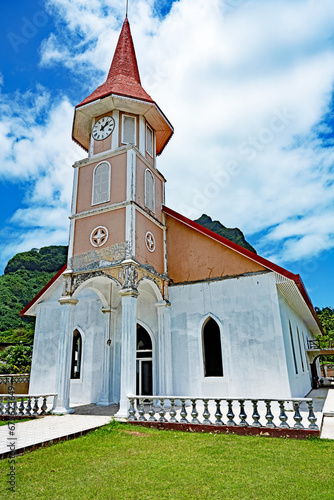 the Protestant Church in the town of Vaitape on the island of Bora Bora in French Polynesia.