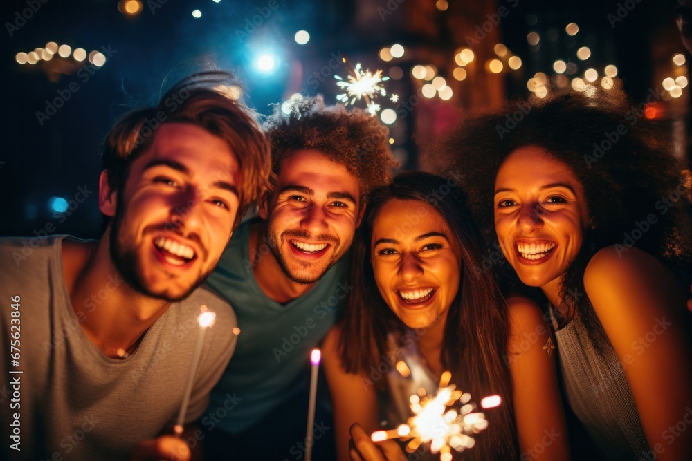 Group of friends having fun with fireworks celebrating Sylvester. Happy new year, party, holiday, celebration. Group of friends smiling with fireworks. New Year's countdown